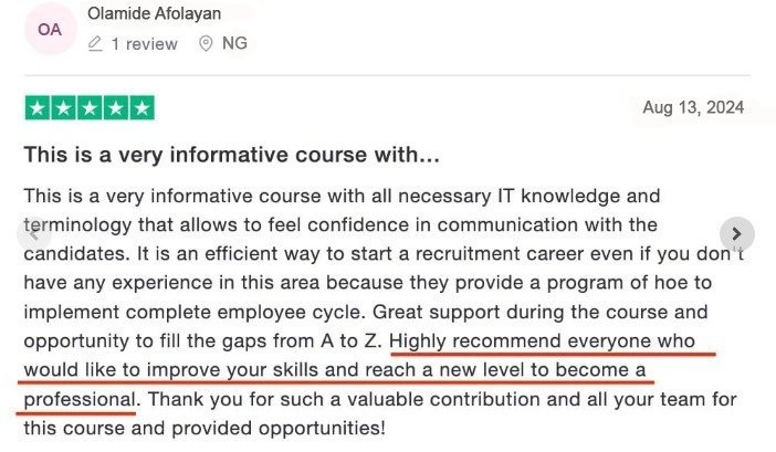 Five-star Trustpilot review of Recruitment Skul