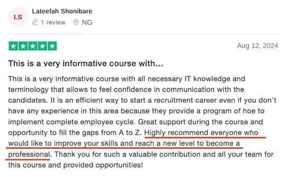 Five-star Trustpilot review of Recruitment Skul
